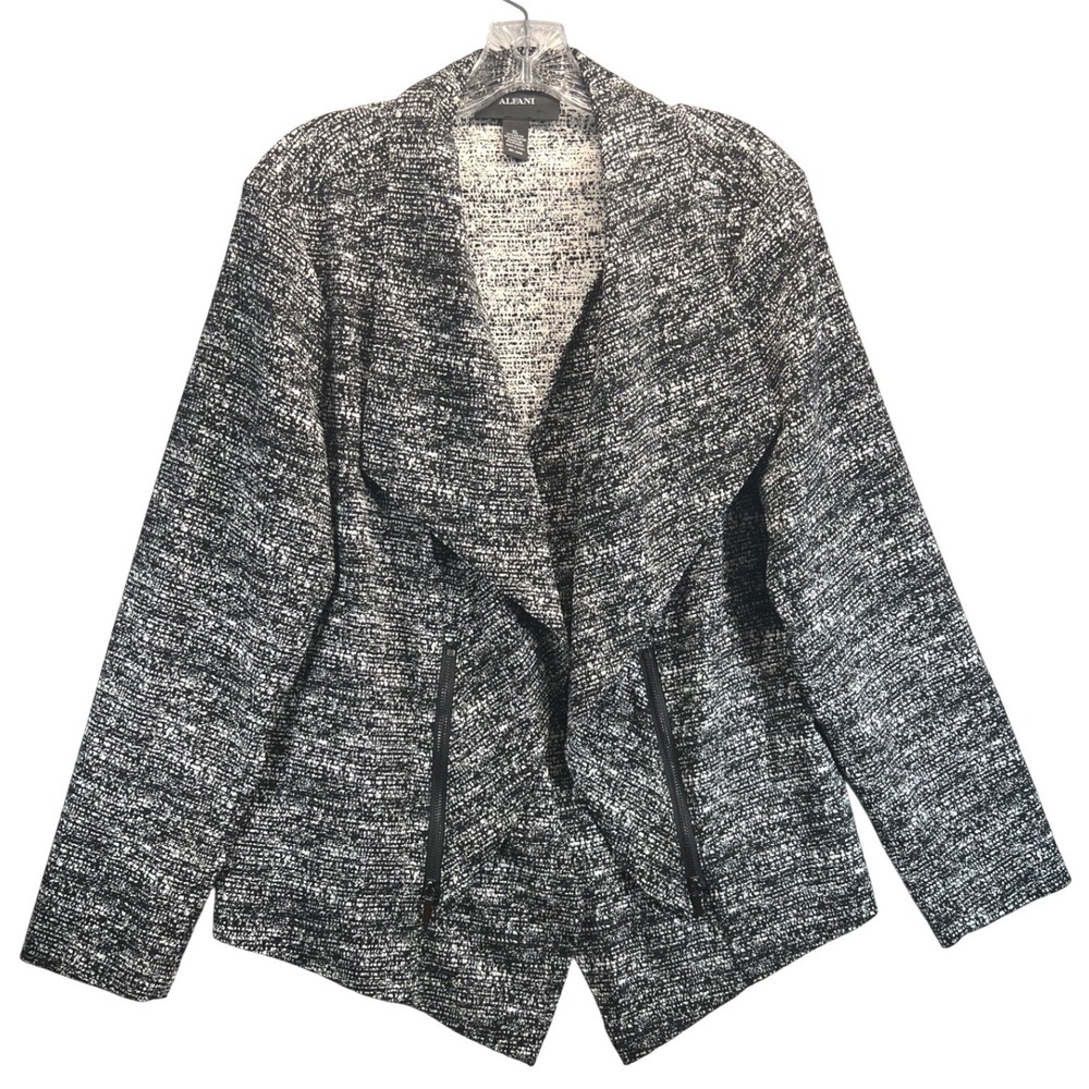 Alfani Womens XL Black White Tweed Knit Draped Open Front Jacket Zip Pockets